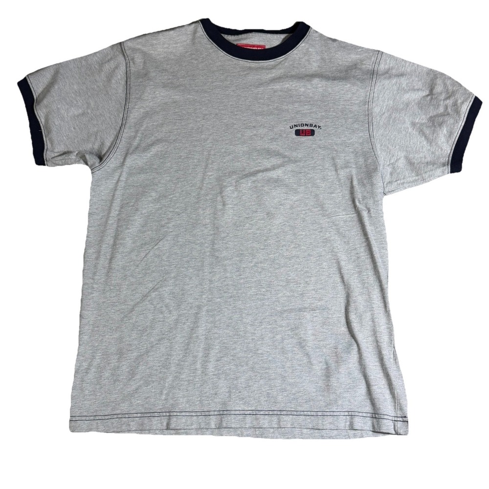 Unionbay Ringer T Shirt Mens Large‎ Gray Navy Trim Y2K Vintage L